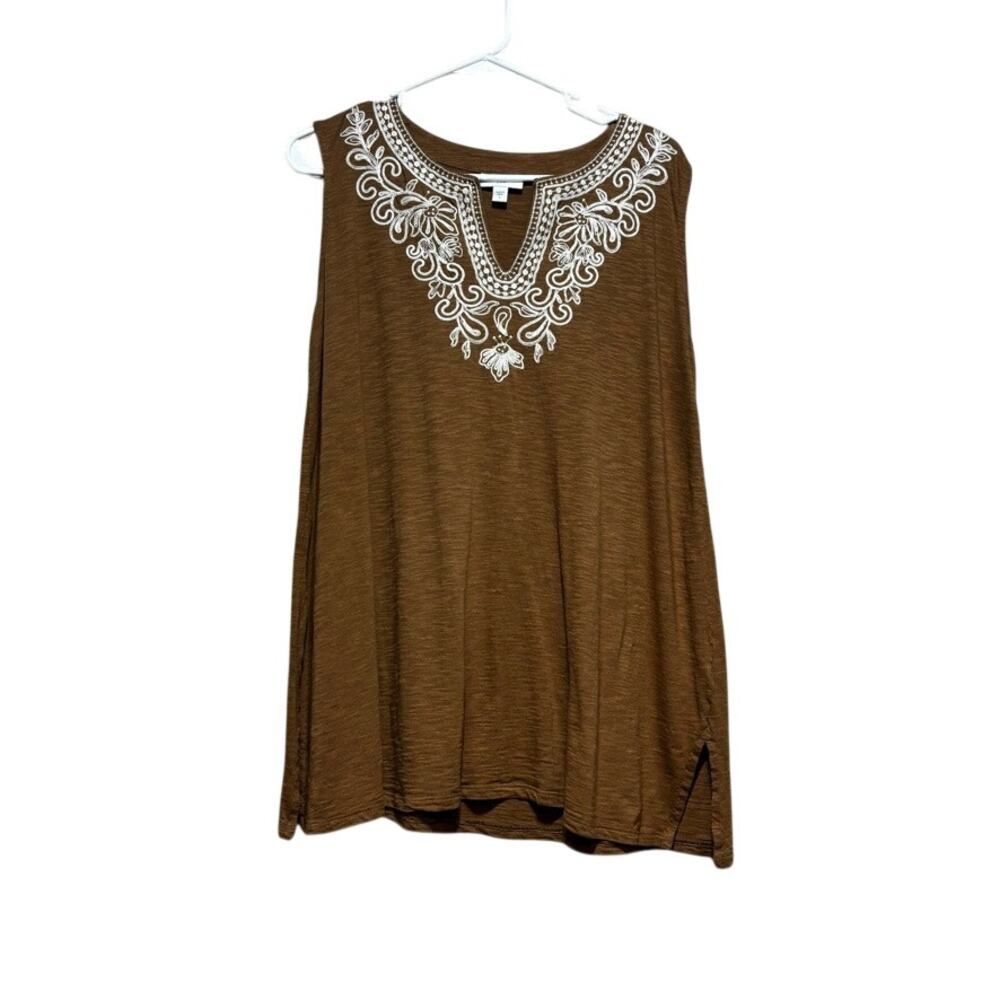 J. Jill Embroidered Split Neck Tank Top Womens Large Brown Cotton Tencel Tunic